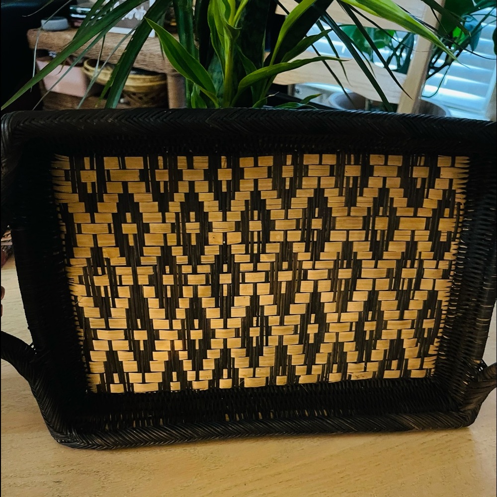Stunning Aztec wicker tray with handles black/tan boho/ ethnic